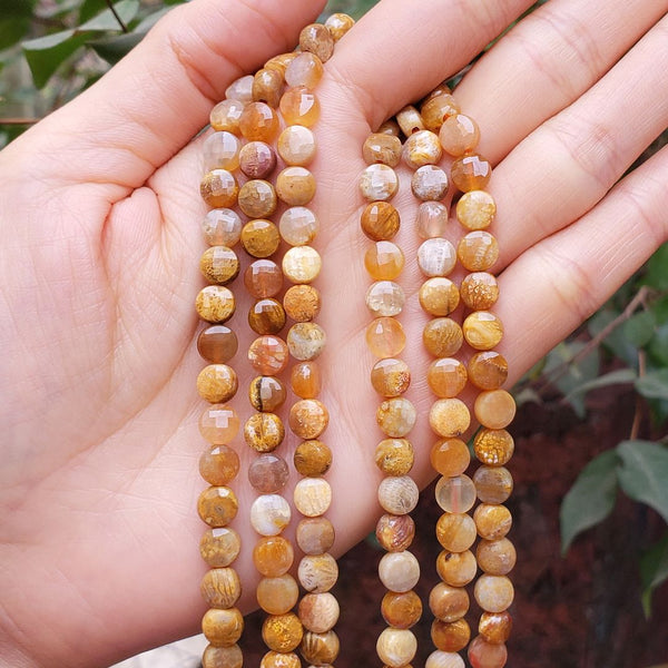 Natural Fossil Coral Chrysanthemum Gemstone Faceted Flat Round Coin Beads, 6mm, Hole ID 1mm, 15 Inch/1 Strand, GZ13-8