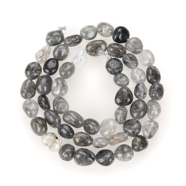 Natural Silver Rutilated Quartz Gemstone Oval Tumbled Pebble Beads, Irregular, 6mm to 8mm, Hole ID 1mm, 15 Inch/1 Strand, GZ11-62
