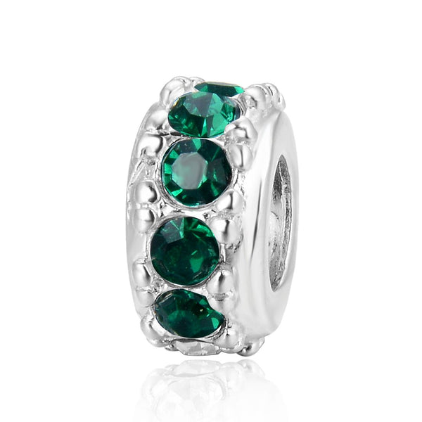 1pc 925 Sterling Silver May Birthstone Bead Charm, Green Emerald Cubic Zirconia CZ, 9.5x5mm, Hole ID 4.5mm, EC1-C5