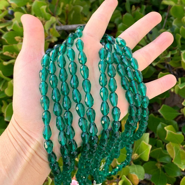 120pcs Creative Club Faceted Teardrop Crystal Glass Beads, Center Drilled, Emerald Green, 12x8mm, Hole ID 1mm, CCT-1224