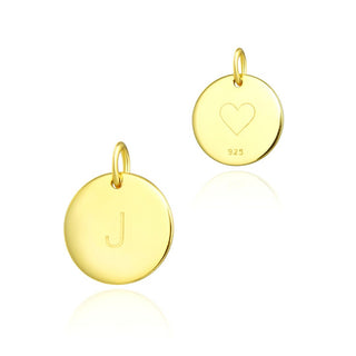 1pc 925 Sterling Silver 12mm Letter J Charm, Real 18K Yellow Gold Plated, Heart Engraved, Name Initial Disc Coin Pendant Drop, SLP-G10
