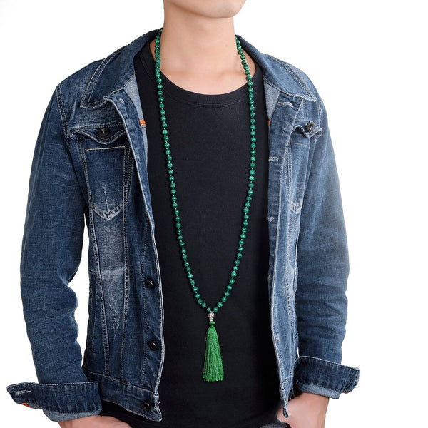 Adabele Premium 108 Mala Bead Tassel Necklace, 8mm Natural Green Malachite Gemstone, Buddhist Japa Prayer Beaded Jewelry RGN23