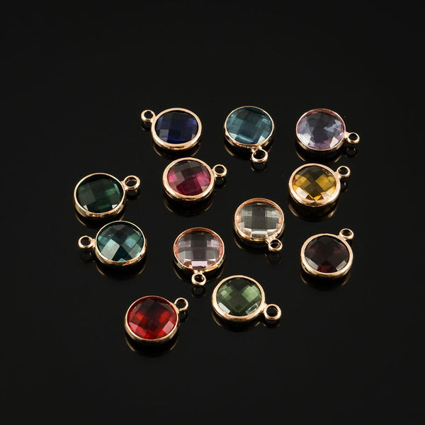 1 Set/12pcs Grade A Mixed Dangle Birthstone Charm Drops, 18K Yellow Gold Plated Brass, Size Selections: 6mm/8mm/10mm