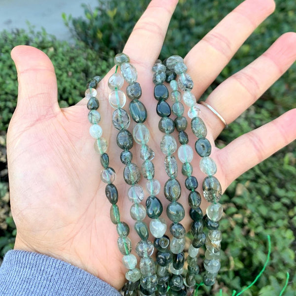Natural Green Quartz Rutilated Gemstone Oval Tumbled Pebble Beads, Irregular, 6mm to 8mm, Hole ID 1mm, 15 Inch/1 Strand, GZ11-11