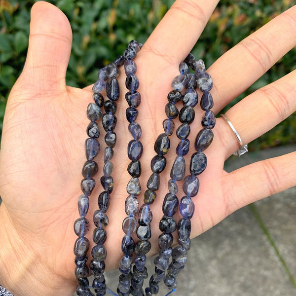 Natural Iolite Dichroite Gemstone Oval Tumbled Pebble Beads, Irregular, 6mm to 8mm, Hole ID 1mm, 15 Inch/1 Strand, GZ11-66