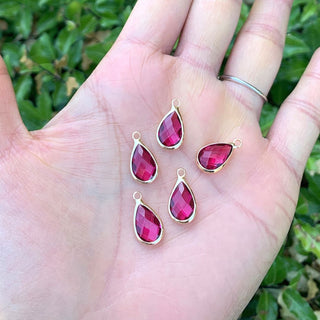 10pcs Grade A July Ruby Teardrop Birthstone Charm Drop, 18K Yellow Gold Plated Brass, Size Selections: 11x7mm, 14x8mm, 16x9mm