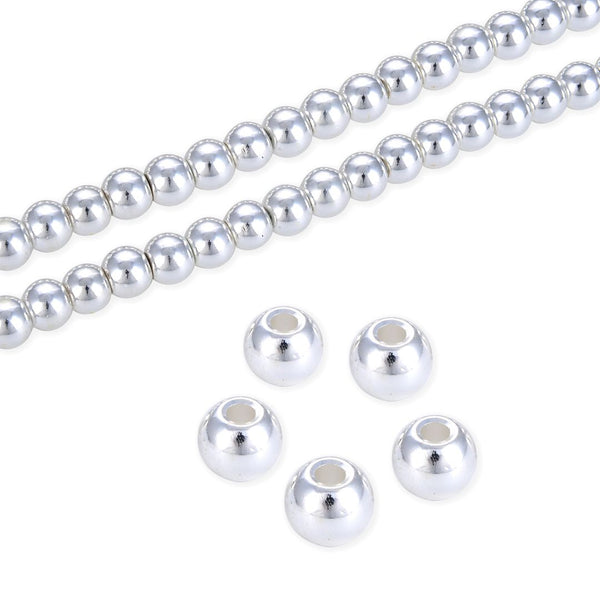 Grade A Natural Hematite Gemstone Large Hole Round Beads, Silver Plated, 15 Inch/1 Strand, 6mm, Hole ID 2.4mm, GFC-M6