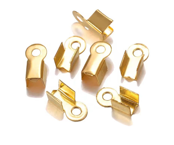 50pcs Tarnish Resistant Fold Over Cord End Crimps, 18K Yellow Gold Plated Brass, Size Selections: 7.3mm/9.3mm