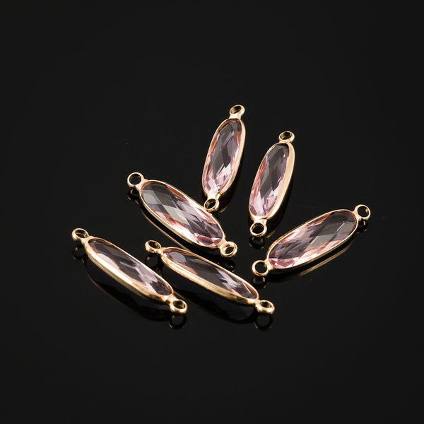 10pcs Grade A October Pink Rectangle Bar Birthstone Links, 18K Yellow Gold Plated Brass, 21x7mm, CCP9-G10