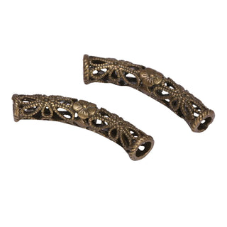 10pcs Large Hole Filigree Flower Curved Noodle Tube Beads, Antique Bronze Plated Brass, 30mm Long, Hole ID 3.5mm, CF51-B