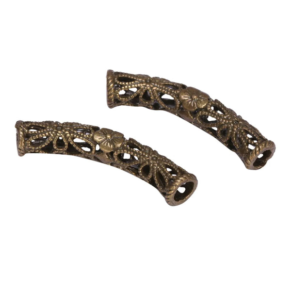 10pcs Large Hole Filigree Flower Curved Noodle Tube Beads, Antique Bronze Plated Brass, 30mm Long, Hole ID 3.5mm, CF51-B