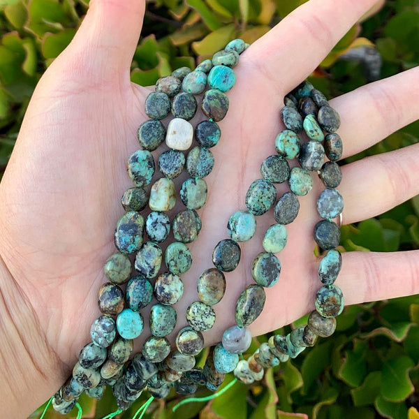 Natural African Turquoise Gemstone Oval Tumbled Pebble Beads, Irregular, 8mm to 10mm, Hole ID 1mm, 15 Inch/1 Strand, GZ12-82