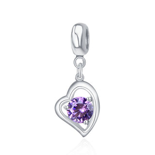 1pc 925 Sterling Silver Love Heart February Birthstone Charm Drop, Purple Amethyst Cubic Zirconia CZ, 26mm (1 inch) Long, Hole ID 4.5mm, EC1-E2
