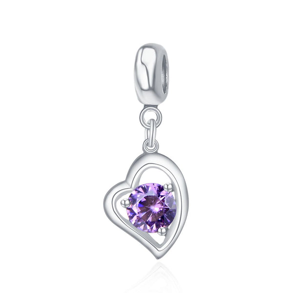 1pc 925 Sterling Silver Love Heart February Birthstone Charm Drop, Purple Amethyst Cubic Zirconia CZ, 26mm (1 inch) Long, Hole ID 4.5mm, EC1-E2