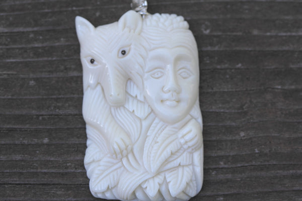 1pc Beautiful Smart Fox Goddess Hand Carved White Buffalo Bone Drop Pendant, Symbol of Strength Prosperity Pendant, with Sterling Silver Bail, 2 Inch, BP-70