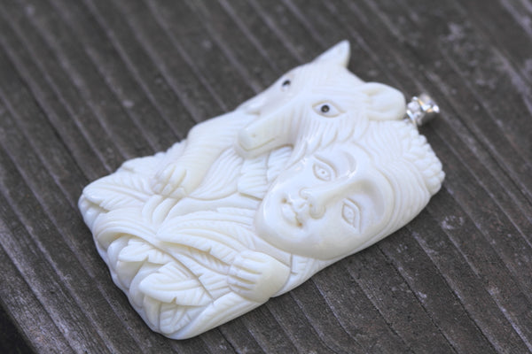 1pc Beautiful Smart Fox Goddess Hand Carved White Buffalo Bone Drop Pendant, Symbol of Strength Prosperity Pendant, with Sterling Silver Bail, 2 Inch, BP-70