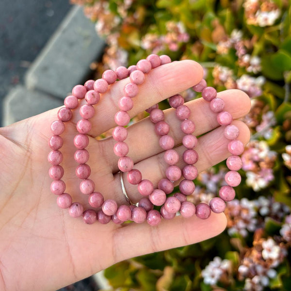 1 Strand Stretch Natural Grade A Pink Rhodonite Beaded Gemstone Bracelet, 6mm Beads, Length Selections: 7 inch/7.5 inch/8 inch