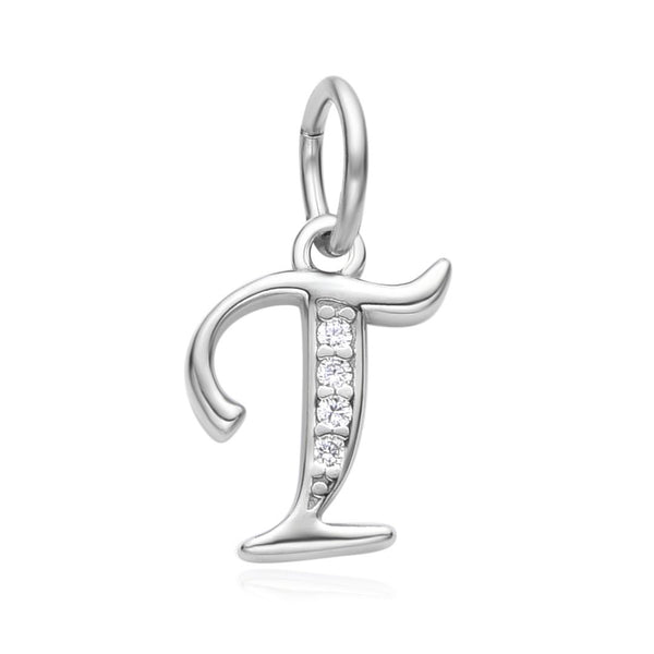 1pc 925 Sterling Silver Letter T Charm, Tarnish Resistant Rhodium Plated, Cubic Zirconia CZ Name Initial Pendant Drop,SSP-C20