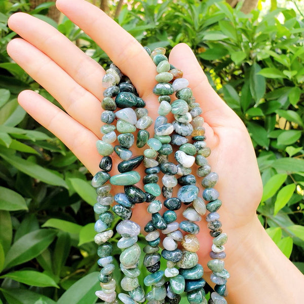 Natural Moss Agate Gemstone Smooth Tumbled Pebble Beads, Irregular, 8mm-10mm, Hole ID 1mm, 1 Strand/15 Inch, GZ3-4