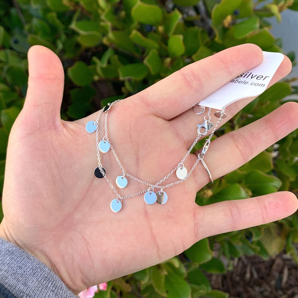 1pc 925 Sterling Silver Cable Chain Bracelet with 6mm Coin Charm Drops, Tarnish Resistant White Gold Plated, Length Selections: 7 inch/7.5 inch/8 inch