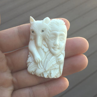 1pc Beautiful Smart Fox Goddess Hand Carved White Buffalo Bone Drop Pendant, Symbol of Strength Prosperity Pendant, with Sterling Silver Bail, 2 Inch, BP-70