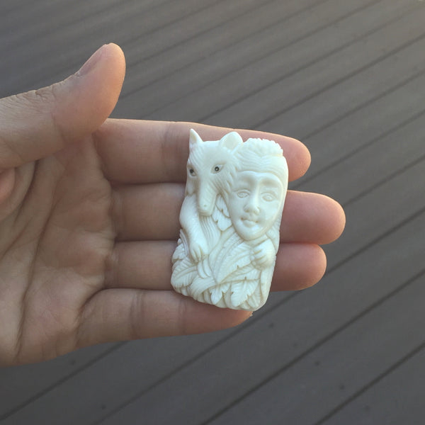 1pc Beautiful Smart Fox Goddess Hand Carved White Buffalo Bone Drop Pendant, Symbol of Strength Prosperity Pendant, with Sterling Silver Bail, 2 Inch, BP-70