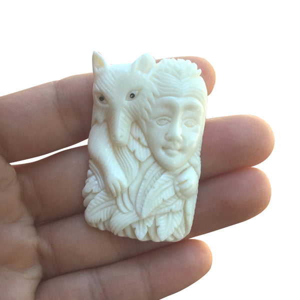 1pc Beautiful Smart Fox Goddess Hand Carved White Buffalo Bone Drop Pendant, Symbol of Strength Prosperity Pendant, with Sterling Silver Bail, 2 Inch, BP-70