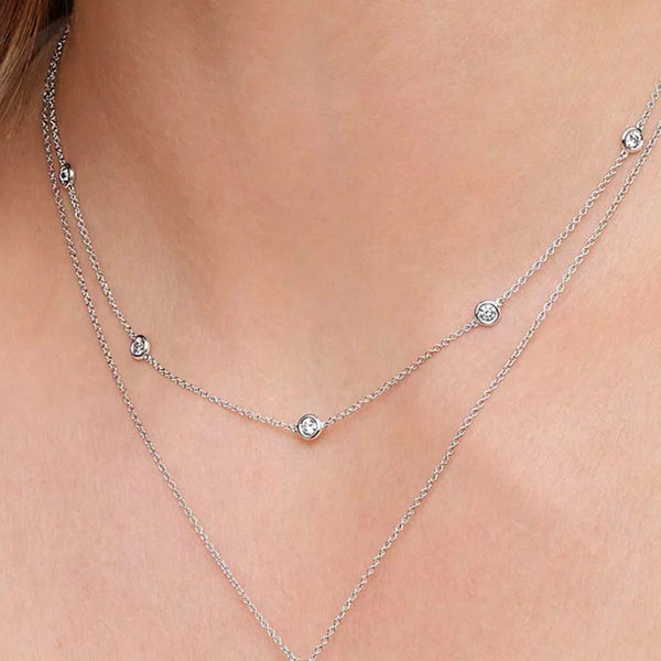 1pc 925 Sterling Silver BTY Station Cubic Zirconia Diamond Bezel Cable Chain Necklace, Tarnish Resistant Rhodium Plated, 4mm Bezel, Length Selections: 18/20/22 inch