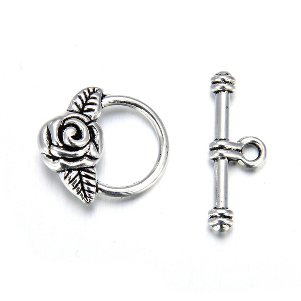 Adabele 20 Sets Rose Flower Toggle Clasp, T-Bar Jewelry Closure, 19mm (0.75 Inch), Antique Silver, MC-AF11