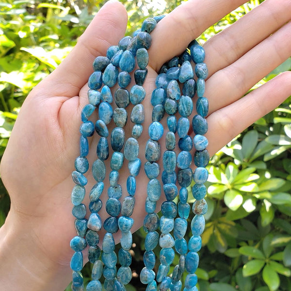 Natural Blue Apatite Gemstone Oval Tumbled Pebble Beads, Irregular, 6mm to 8mm, Hole ID 1mm, 15 Inch/1 Strand, GZ11-18
