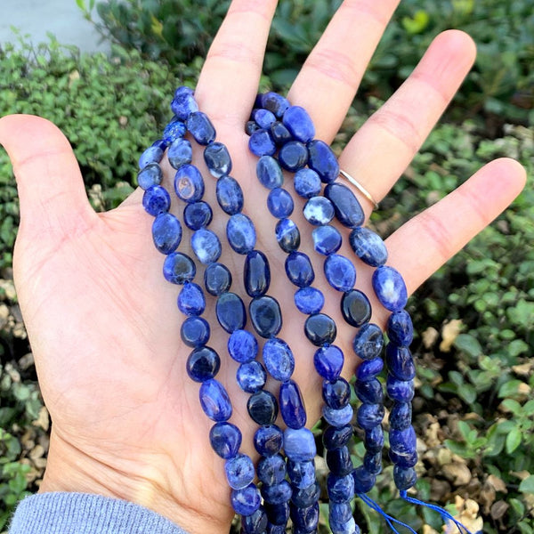 Natural Blue Sodalite Gemstone Oval Tumbled Pebble Beads, Irregular, 8mm to 11mm, Hole ID 1mm, 15 Inch/1 Strand, GZ12-22