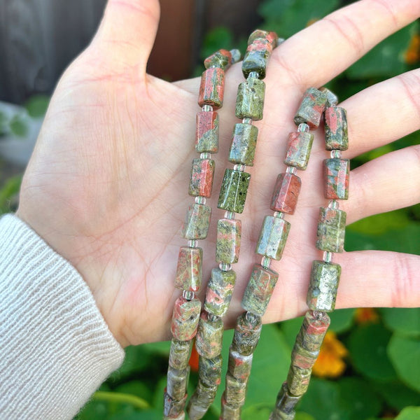 Natural Unakite Red Green Jasper Gemstone Faceted Tube Beads, 12x7mm, Hole ID 1mm, 15 Inch/1 Strand, GZ8-3