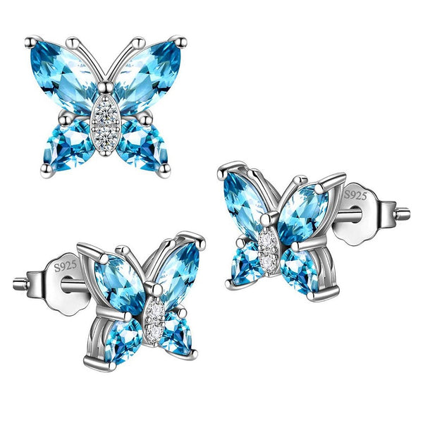 1 Pair 925 Sterling Silver March Birthstone Butterfly Stud Earrings, 10mm, Cubic Zirconia CZ Blue Aquamarine Stone, SSE83-3