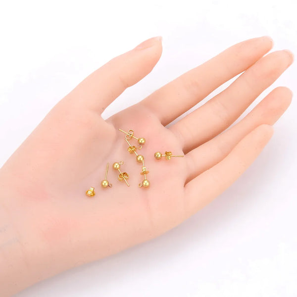50pcs Raw Brass Ball Earring Posts, Closed Ring, 50pcs Earring Backs, Unplated/Uncoated, Ball Size Selections: 3mm/3.5mm/4mm/5mm