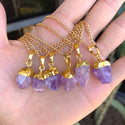 1pc Natural Raw Purple Amethyst Crystal Free Form Gemstone Pendant Necklace, 18 inch 18K Yellow Gold Plated Stainless Steel Chain, GGP12-2