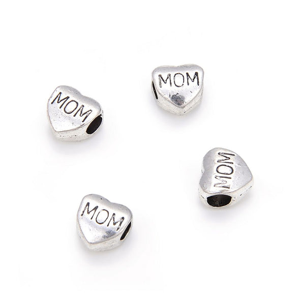 20pcs Best Mom Love Heart Large Hole Beads, Hole ID 4.5mm, Antique Silver, Zinc Alloy Metal, MEC-B8