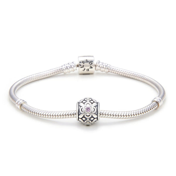 1pc 925 Sterling Silver Round Flower Pattern October Birthstone Bead Charm, Pink Tourmaline Cubic Zirconia CZ, 11.2x9.5mm, Hole ID 4.5mm, EC1-G10