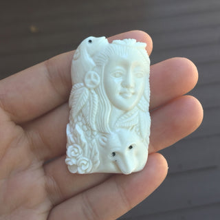 1pc Beautiful Two-Husky Goddess Hand Carved White Buffalo Bone Drop Pendant, Symbol of Strength Prosperity Pendant, with Sterling Silver Bail, 2.2 Inch, BP-71
