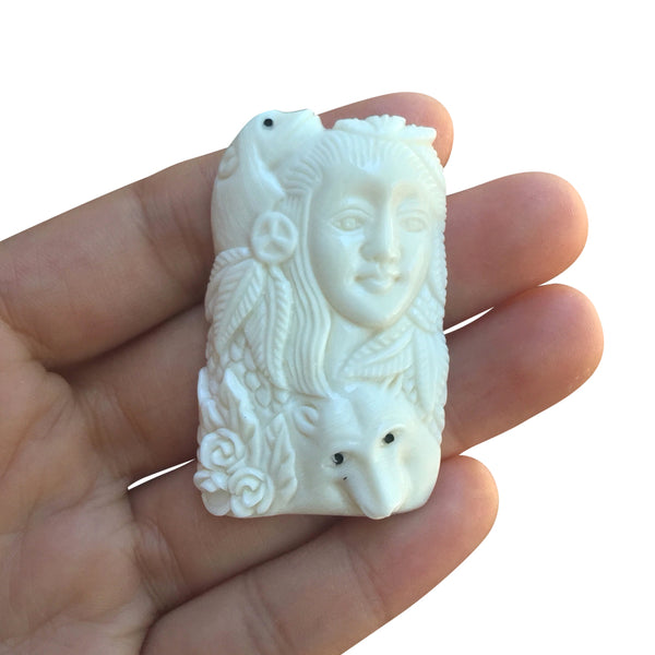 1pc Beautiful Two-Husky Goddess Hand Carved White Buffalo Bone Drop Pendant, Symbol of Strength Prosperity Pendant, with Sterling Silver Bail, 2.2 Inch, BP-71