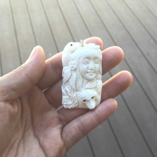 1pc Beautiful Two-Husky Goddess Hand Carved White Buffalo Bone Drop Pendant, Symbol of Strength Prosperity Pendant, with Sterling Silver Bail, 2.2 Inch, BP-71