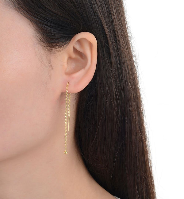 1 Pair Real 18K Yellow Gold Plated 925 Sterling Silver Threader Earrings, Pull Through Dangle Chain with Tiny 3mm Ball, Length Selections: 2/3/4/5/6 Inch