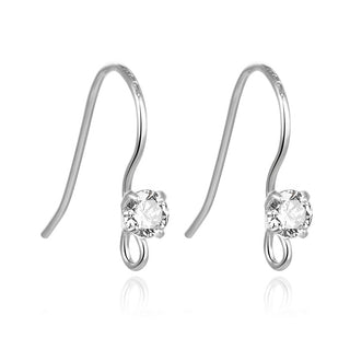 4pcs 925 Sterling Silver Fancy Earring Hooks, 3mm Cubic Zirconia CZ, Tarnish Resistant Rhodium Plated, 17mm, SS470