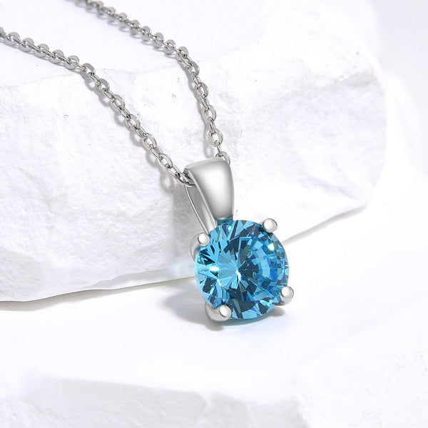925 Sterling Silver March Birthstone Solitaire Necklace, 6mm/0.84 Carat Blue Aquamarine Cubic Zirconia CZ, Length Selections: 16 inch/18 inch