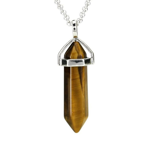 1pc Natural Brown Yellow Tiger Eye Gemstone Pendant Necklace, 18 Inch Surgical Stainless Steel Chain, GGP-C1