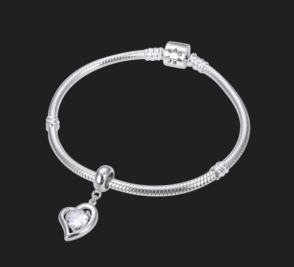 1pc 925 Sterling Silver Love Heart April Birthstone Charm Drop, Diamond Clear Cubic Zirconia CZ, 26mm (1 inch) Long, Hole ID 4.5mm, EC1-E4