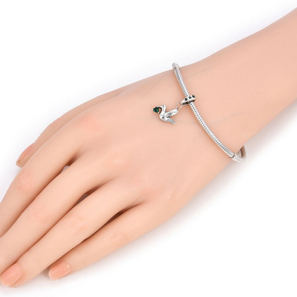 1pc 925 Sterling Silver Bird Charm, Freedom Lover May Birthstone Charm Drop, Green Emerald Cubic Zirconia CZ, 20mm Long, Hole ID 4.5mm, EC1-D5