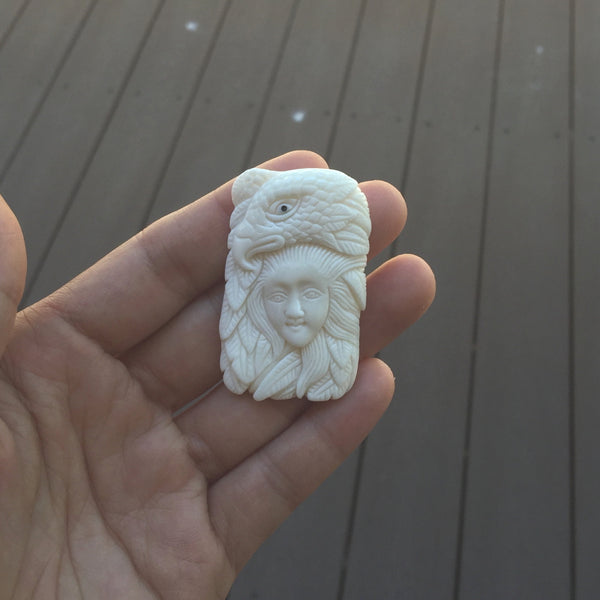1pc Beautiful Eagle Goddess Hand Carved White Buffalo Bone Drop Pendant, Symbol of Strength Prosperity Pendant, with Sterling Silver Bail, 2.2 Inch, BP-72