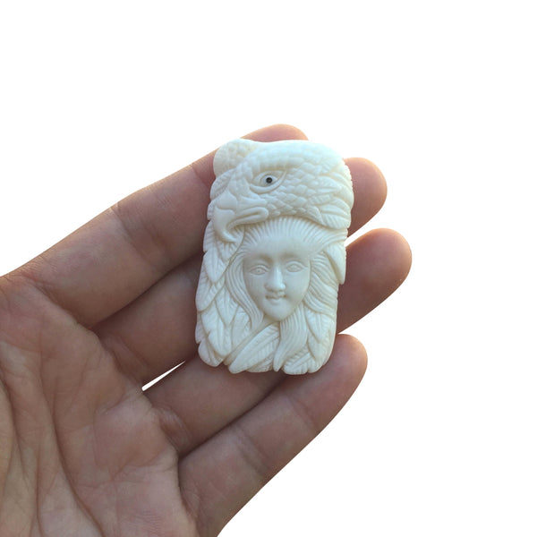 1pc Beautiful Eagle Goddess Hand Carved White Buffalo Bone Drop Pendant, Symbol of Strength Prosperity Pendant, with Sterling Silver Bail, 2.2 Inch, BP-72