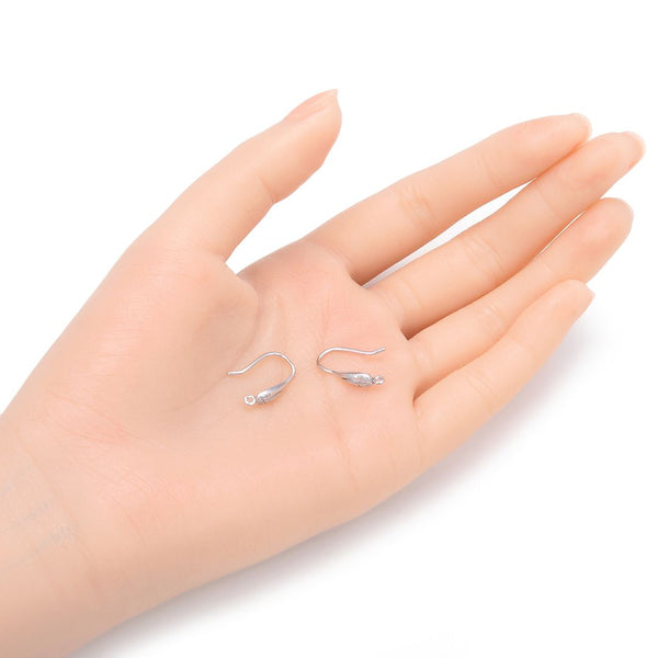 4pcs 925 Sterling Silver Fancy Teardrop Pattern Earring Hooks, 6 Cubic Zirconia CZ, Tarnish Resistant Rhodium Plated, 17mm, SS455