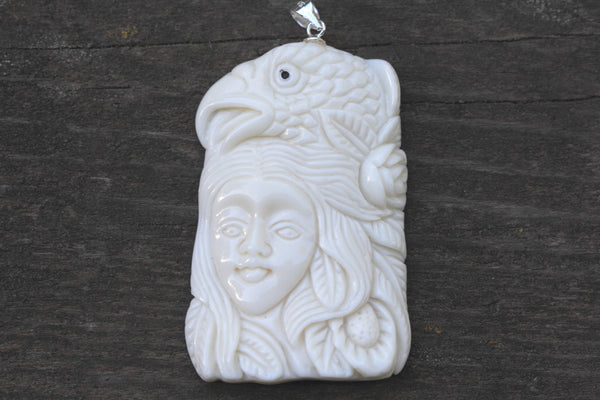 1pc Beautiful Eagle Goddess Hand Carved White Buffalo Bone Drop Pendant, Symbol of Strength Prosperity Pendant, with Sterling Silver Bail, 2.2 Inch, BP-73